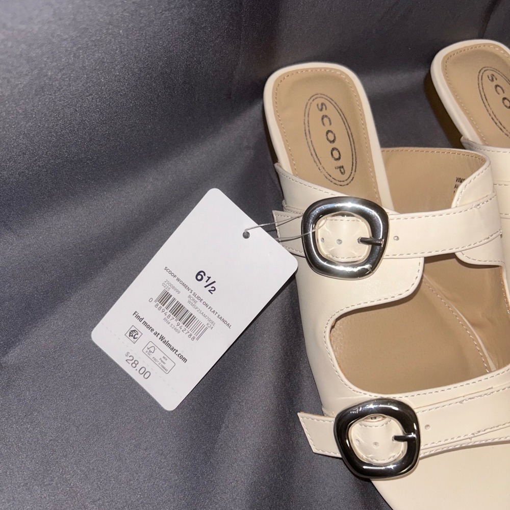 Scoop Slide On Flat Sandal Square Toe Double Buckle Cream Bone Size 6.5 - Picture 5 of 6